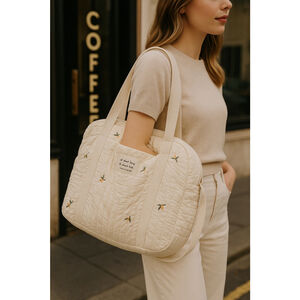 Quilted Embroidered Diaper Tote Bag Neutral Cream Ditsy Floral Cottagecore Baby